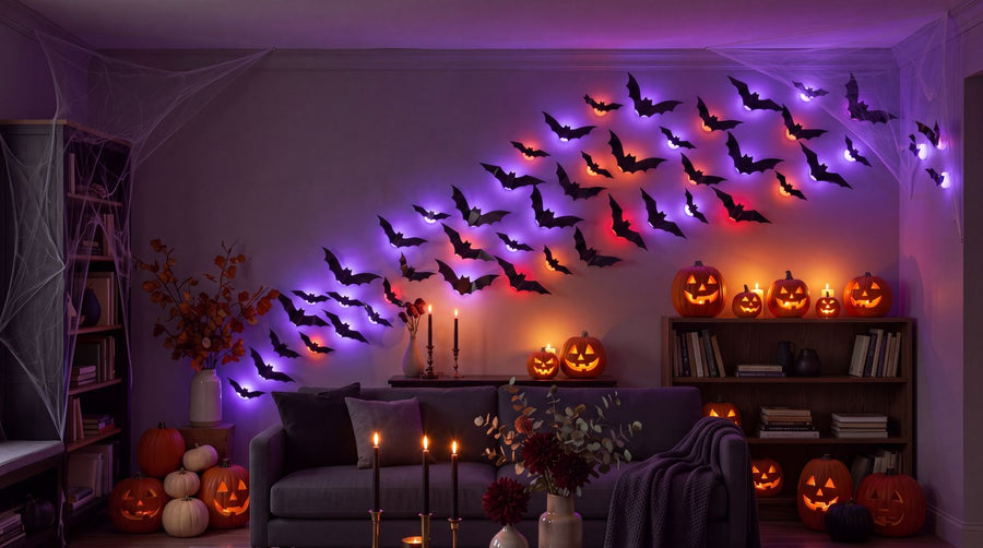 GlowBats swarm climbing a staircase wall with mixed coloured glow