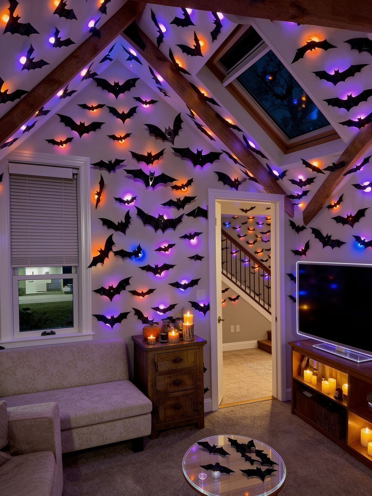 GlowBats covering an entryway wall with purple and orange halos